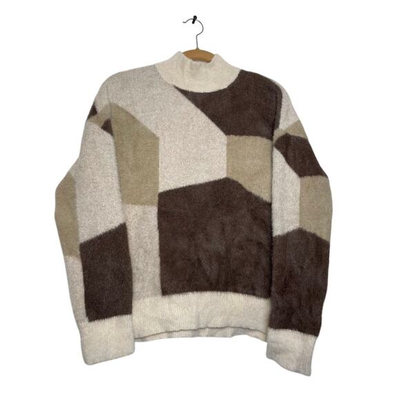 Michelle Nicole Wool Sweater Brown Turtleneck Fall Pullover Geometric Retro Sz M - Picture 1 of 14